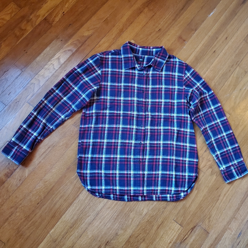 Uniqlo women's 100% cotton red navy white plaid flannel cotton shirt size L - Picture 2 of 6